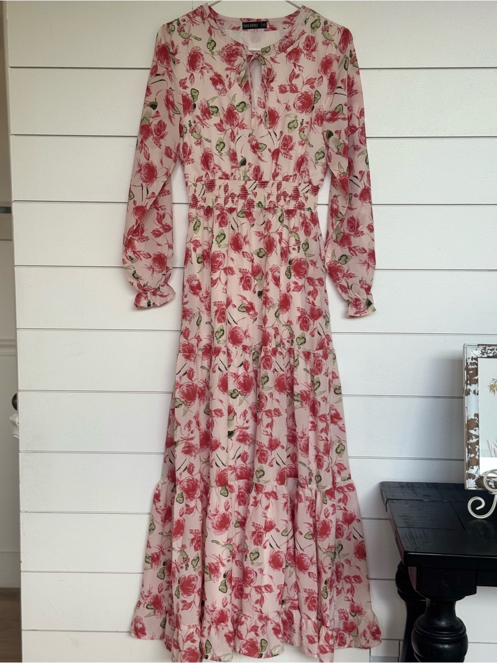 Floral Tie-Neck Maxi Dress in Pink and Cream